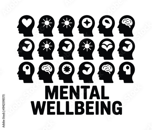 A graphic illustration representing mental wellbeing with silhouettes of heads and various symbols.