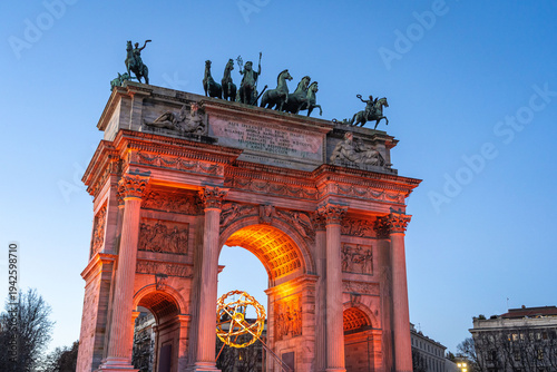 The Milano Cortina winter olympic games flame at Arc of Peace in Milan, Italy 2026.