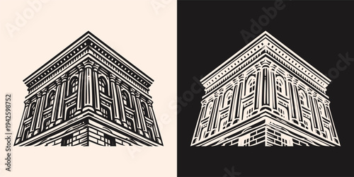 Vintage Classical Building Corner View Detailed Illustration