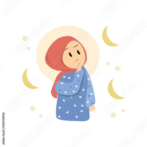 Thoughtful Young Woman in Hijab Illustration. Hijab Woman Thinking with Question. Curious Muslim Woman with Idea.