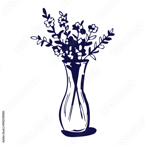 Hand drawn flower bouquet in tall vase in elegant vintage style, perfect for cafe decor branding, greeting cards, invitations, packaging, posters and home interior illustrations