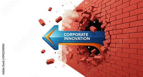 Blue Arrow Breaking Through Brick Wall.