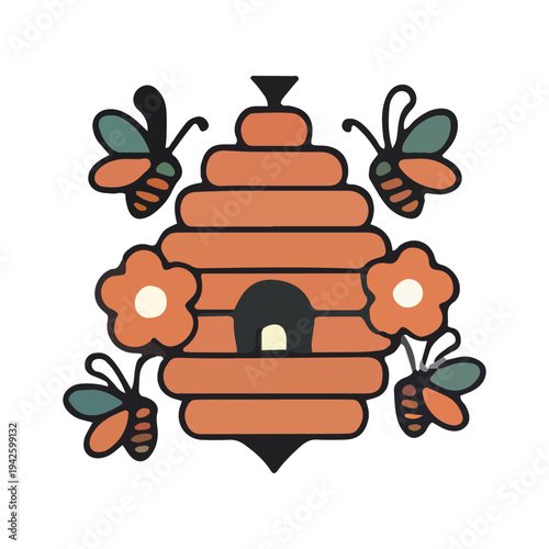Cute Beehive and Bees Illustration