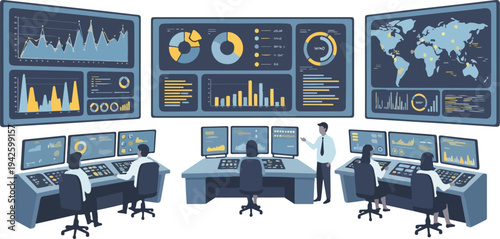 Illustration of a renewable energy control room with operators monitoring multiple screens displaying graphs and maps.