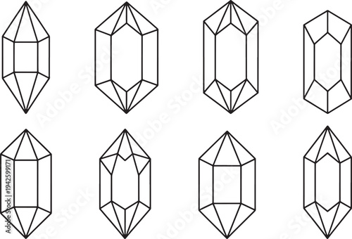 A collection of various minimalist line art geometric crystal and gem shapes, showcasing different facets and structures, ideal for design elements.