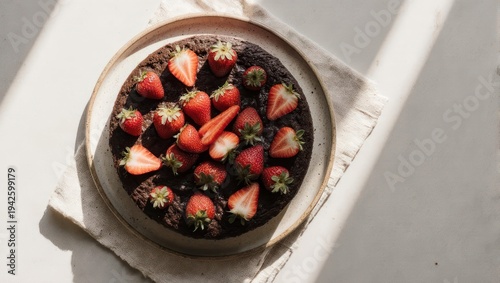 Delicious dark chocolate cake, topped with fresh strawberries, on a ceramic plate and linen