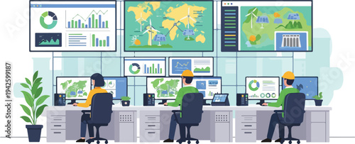 Three professionals working in a renewable energy control room with multiple computer screens and world maps displaying data.