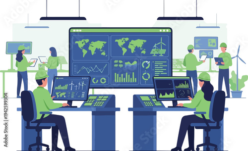Illustration of people working in a renewable energy control room with computers and a large screen displaying world maps and data.