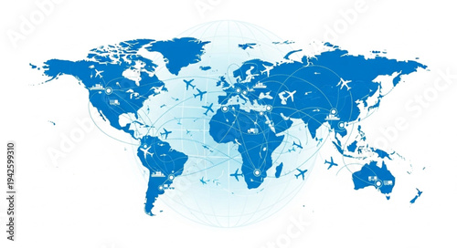 Blue World Map on White Background.