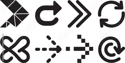 A comprehensive collection of eight diverse black arrow and symbol icons demonstrating various directions, actions, and conceptual movements for navigation and design.
