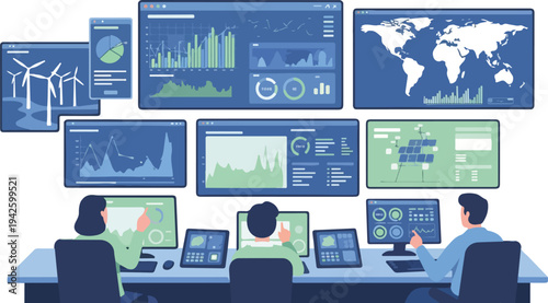 Professionals in a renewable energy control room monitoring and analyzing data on multiple screens displaying graphs, maps, and statistics.