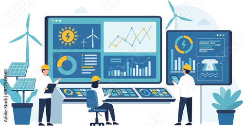 Illustration of people working in a renewable energy control room with computer screens and wind turbines.
