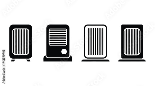 A set of four different space heater icons in black and white on a clean background