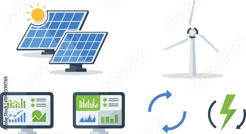 Illustration of a renewable energy control room with solar panels, a wind turbine, and computer monitors displaying graphs and charts, conveying a sense of sustainable technology.