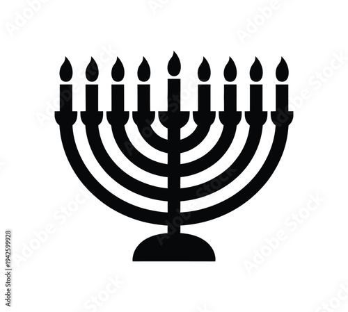 A traditional Jewish menorah with nine lit candles on a white background