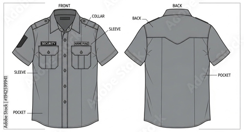 Technical Drawing of a Short-Sleeve Button-Up Shirt with Pockets.