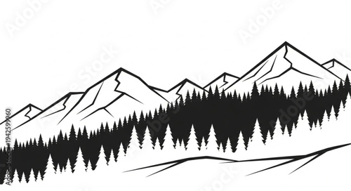 Black and White Mountain Landscape Illustration.