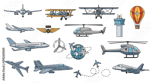 Collection of Various Aircraft and Aviation Elements in Detailed Illustrations.