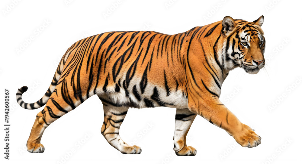 Obraz premium Majestic tiger walking gracefully in its natural habitat with vivid orange and black stripes