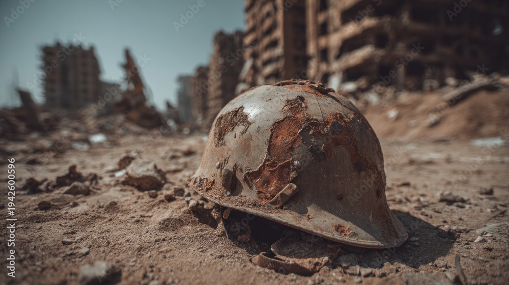 Fototapeta premium Rusty Military Helmet on Ruined Ground