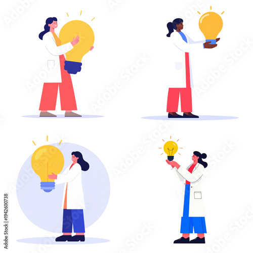 Vector Illustration Collection of Scientists with Glowing Idea Bulb Above Head, Depicting Scientific Innovation, Research Inspiration, Experiment Discovery and Creative STEM Thinking Concept