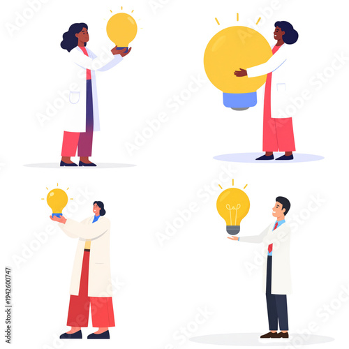 Set of Flat Vector Illustrations of Scientists Holding Idea Light Bulb Symbol, Representing Innovation, Scientific Discovery, Research Creativity and Breakthrough Thinking in Modern Laboratory Science