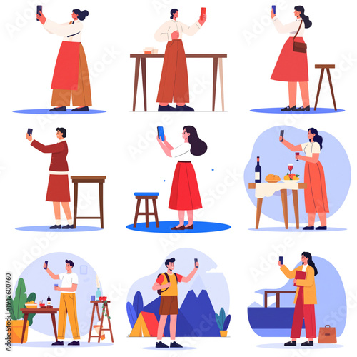 Set of Flat Vector Illustrations of People Taking Selfies with Smartphones, Representing Social Media Lifestyle, Digital Communication, Mobile Photography and Online Sharing Culture