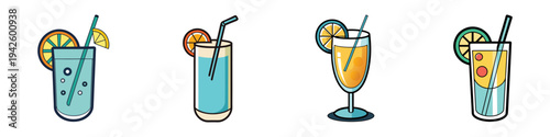 Four colorful cocktail drinks with citrus slices and straws vector illustration