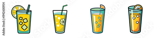 Four glasses of iced lemonade vector illustration, flat design with ice cubes and lemon slices