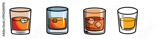 Four glasses of whiskey on the rocks in different levels vector illustration