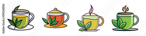 Herbal tea cups vector illustration, colorful flat design, tea cups with leaves