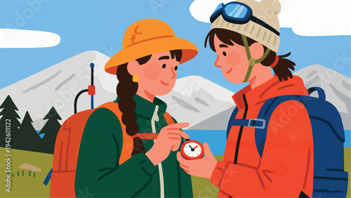 Illustration Of A Female Adventurer Standing In The Open Air While Checking A Compass Vector Design Template