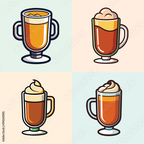 Hot buttered rum vector illustration, four mugs with whipped cream and caramel on colorful backgrounds, flat design