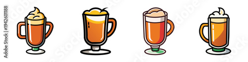 Set of hot buttered rum vector illustrations, flat design, four different mugs