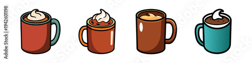 Colorful hot chocolate mugs with whipped cream vector illustration