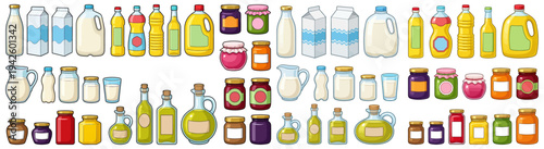 A collection of assorted illustrated beverage and food jars and bottles including milk cartons oil bottles and jam jars in various shapes and sizes dairy juice cooking oil