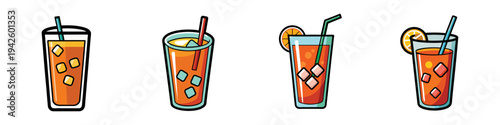 Four different iced tea glasses with straws and lemon slices vector illustration