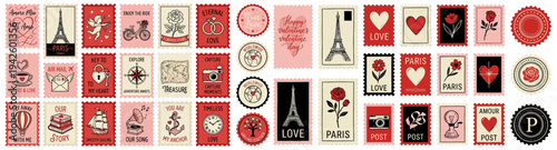 Assortment of decorative postage stamps featuring romantic and travel themes including hearts roses Eiffel Tower hot air balloon and love messages valentine romance paris