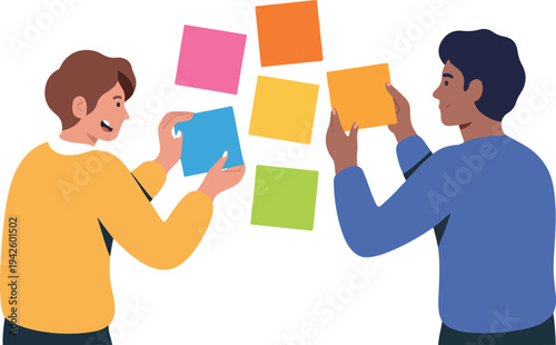 Two coworkers collaborating with colorful sticky notes, creative brainstorming and teamwork concept in modern flat minimalist vector illustration