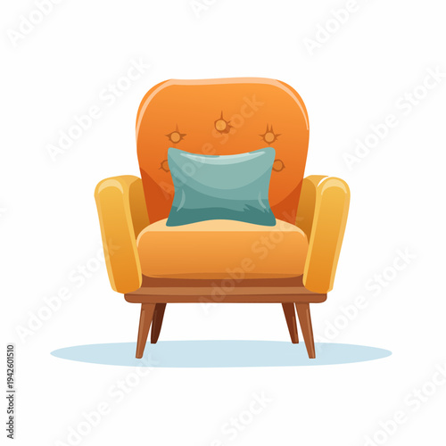 Modern Orange Armchair with Blue Cushion Vector Illustration - Comfortable Living Room Furniture for Home Interior Design and Relaxation