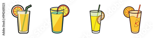 Four refreshing lemonade glasses with straws and slices vector illustration