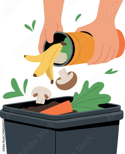 Men and women composting food scraps in kitchen bin to reduce household waste and support eco friendly lifestyle
