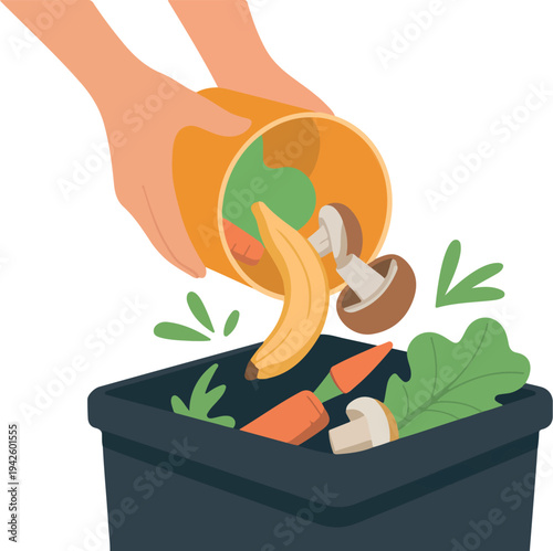Men and women composting food scraps in kitchen bin to reduce household waste and support eco friendly lifestyle