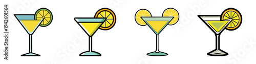 Lemon drop martini cocktails with slices vector illustration, flat design