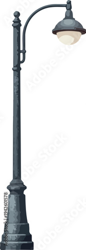 Modern curved street lamp post with circular light fixture isolated on black background, realistic urban lighting infrastructure vector illustration