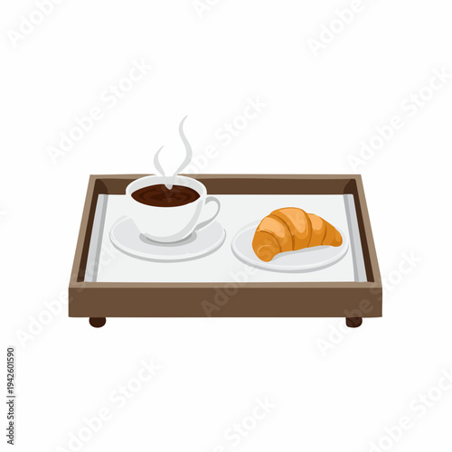 Vector Illustration of a Classic Breakfast in Bed Tray Featuring a Steaming Hot Cup of Black Coffee and a Golden Butter Croissant Isolated on White Background