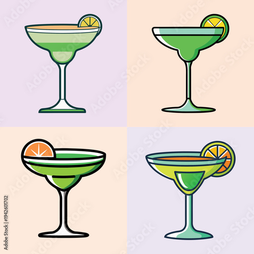 Four green margarita glasses with citrus slices vector illustration