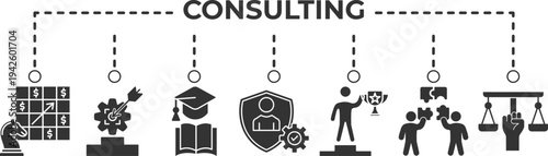 Business consulting banner web icon set vector illustration for professional advisory services with strategy analysis, guidance, teamwork, management and problem solving concept