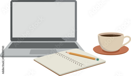 Flat vector illustration of laptop, open spiral notebook, pencil, and hot coffee representing clean organized home office setup