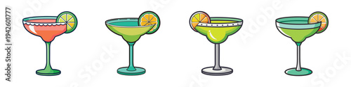 Four colorful margarita cocktails with salt rim and lime vector illustration